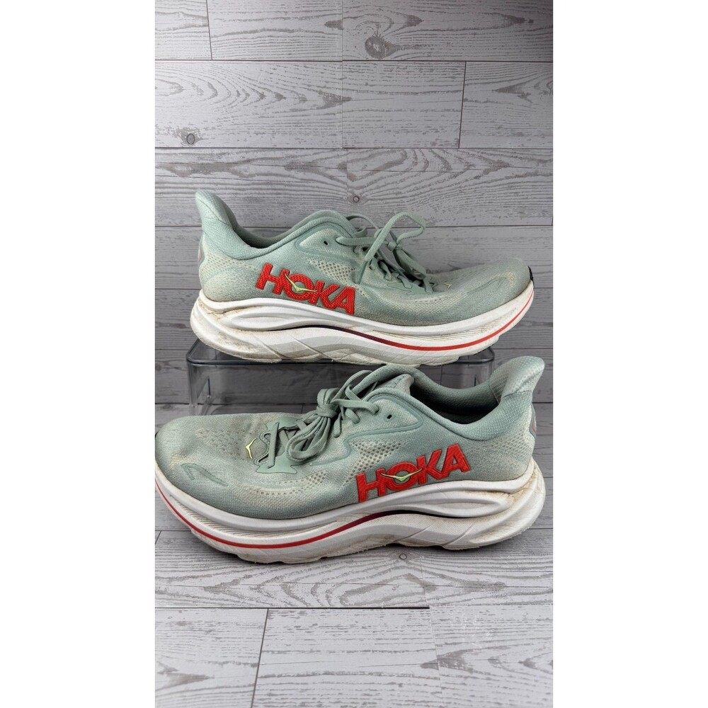 Hoka One One Clifton 10 1162030 SGNN Sage Neon Flame 12D Mens Run Pro Shoes #246